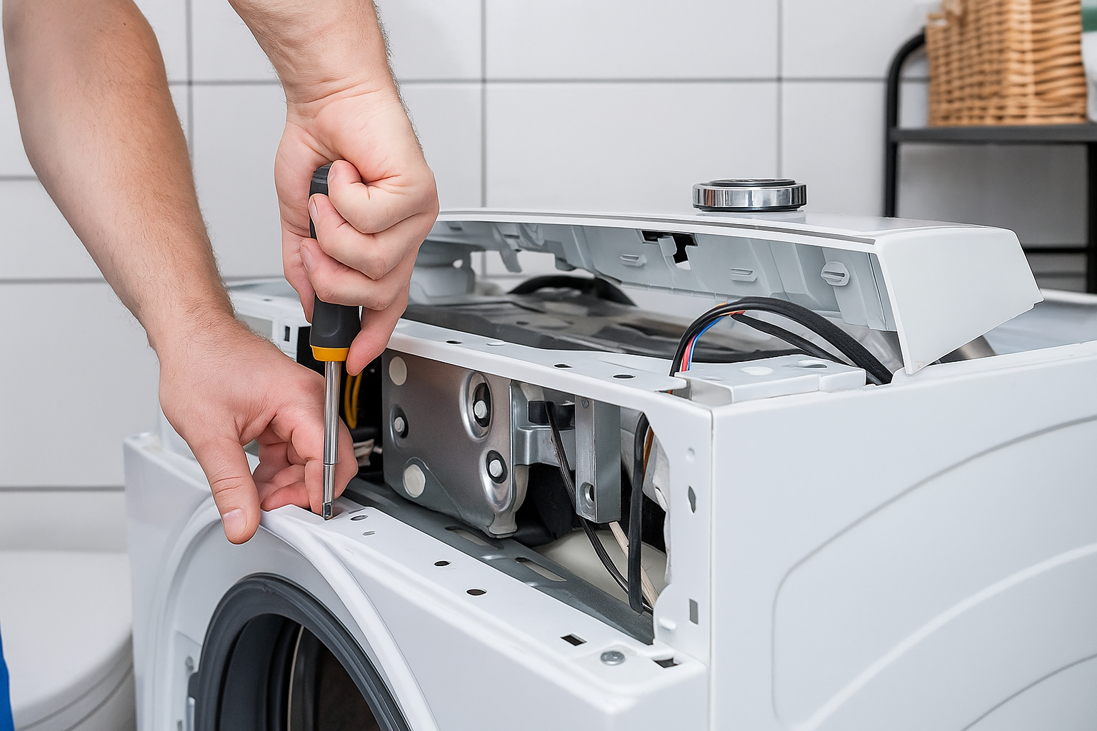 Technician repairing washing machine with screwdriver, Appliance Repair Victoria.