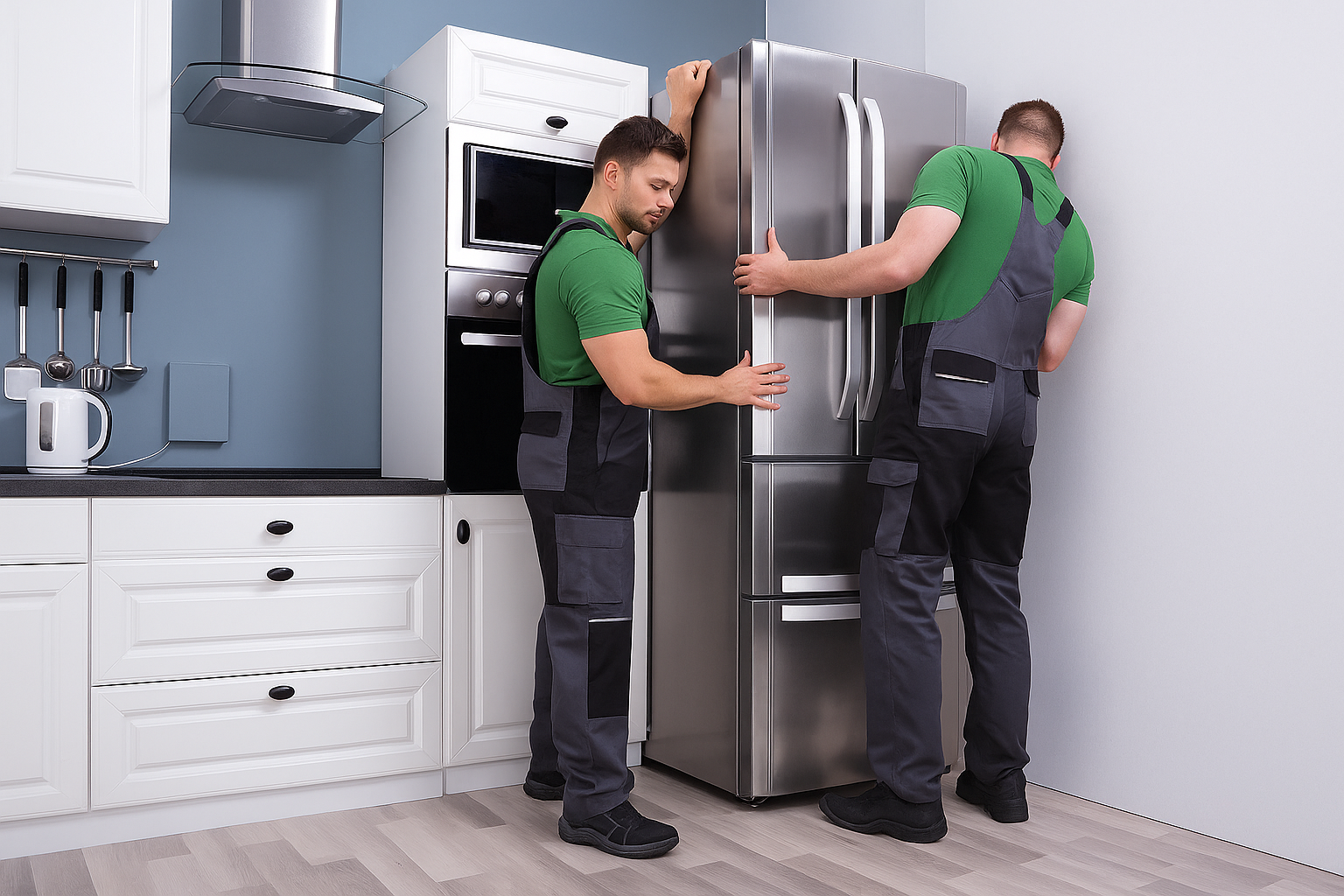 Workers providing fridge repair service in modern kitchen
