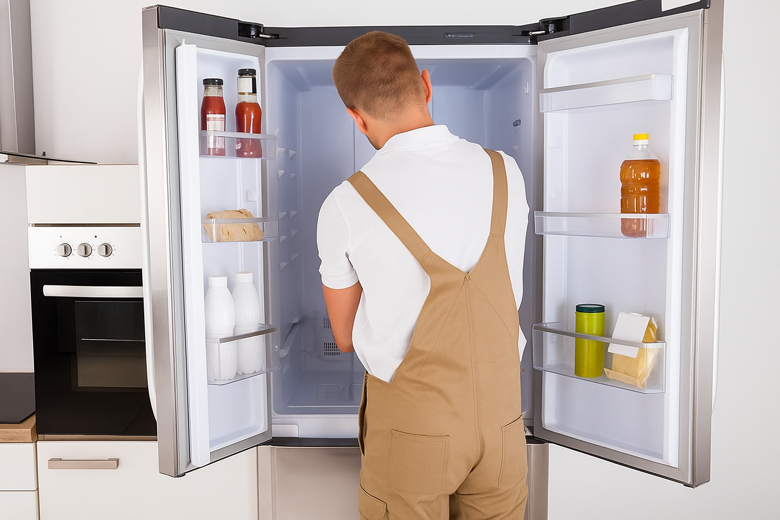 Technician inspecting refrigerator during fridge repair service
