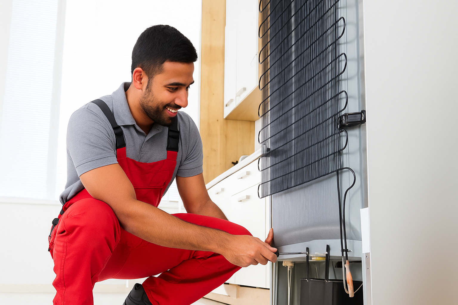 Technician repairing fridge coils during fridge repair service