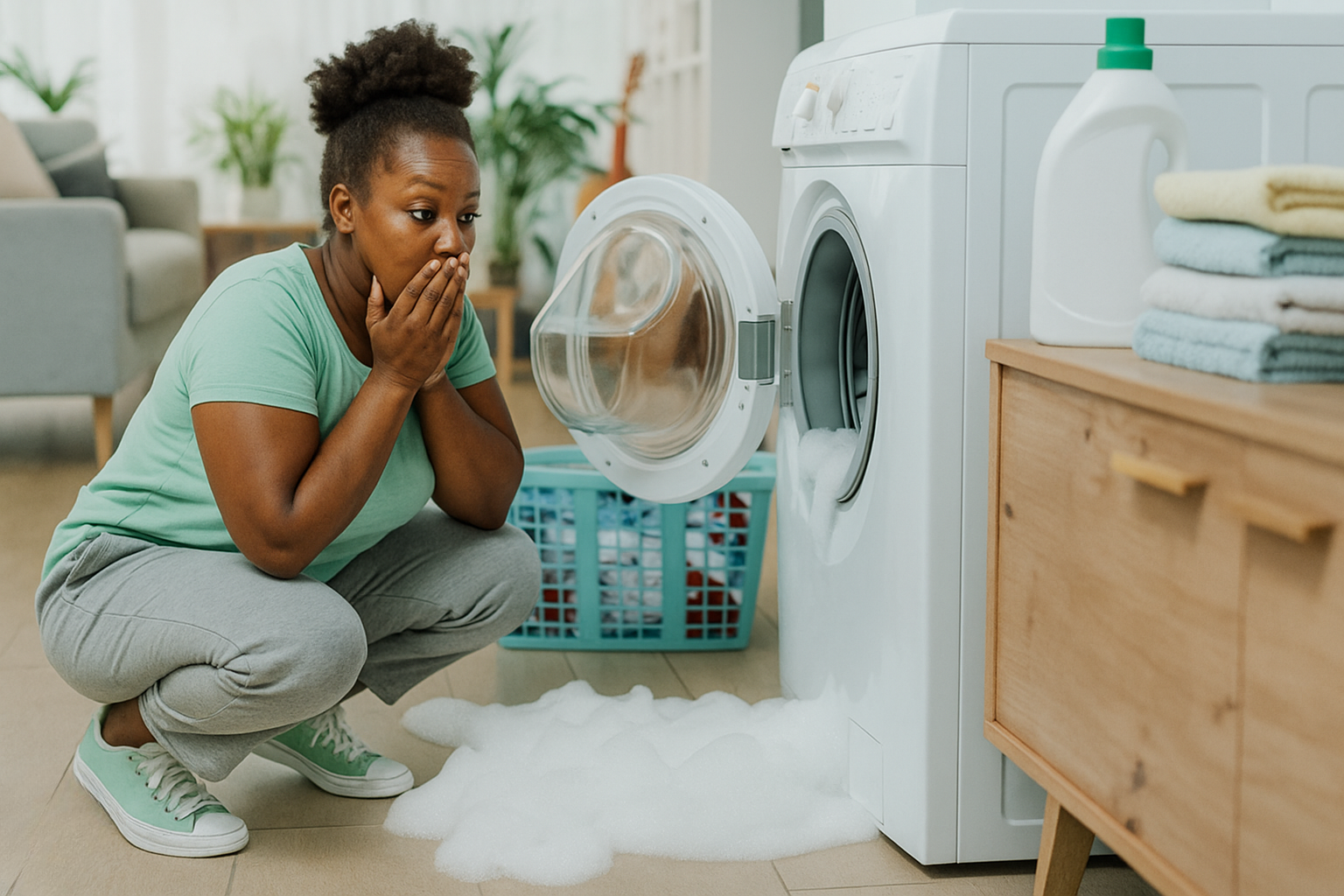 Woman surprised by washing machine overflowing with foam, Appliance Repair Victoria.